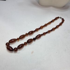 vtg amber glass cylindricle beaded necklace graduated size brown rootbeer 16in